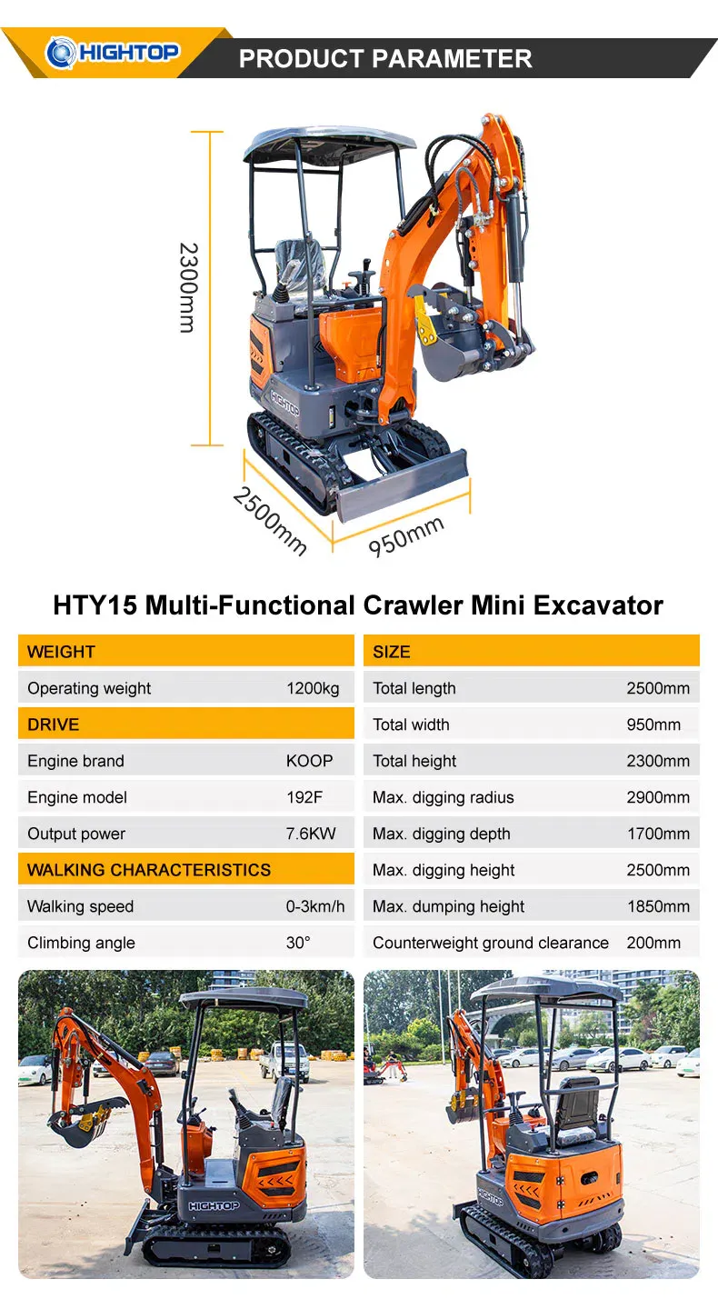 Мини-экскаватор 1.5 тонны с двигателем Kubota Z482 Технические характеристики HTY15-hightop.webp