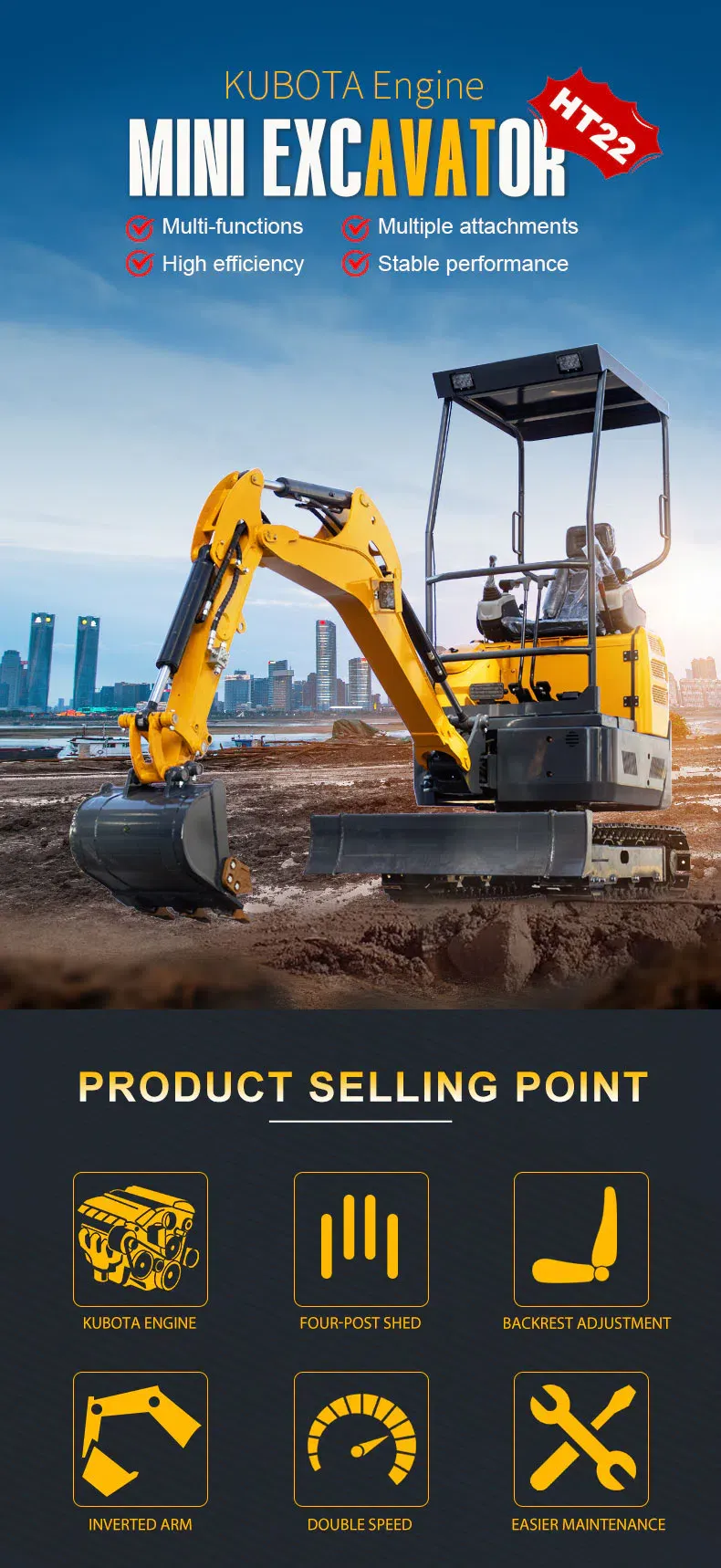 Мини-экскаватор 2.2 тонны Kubota D1105 HT22.webp
